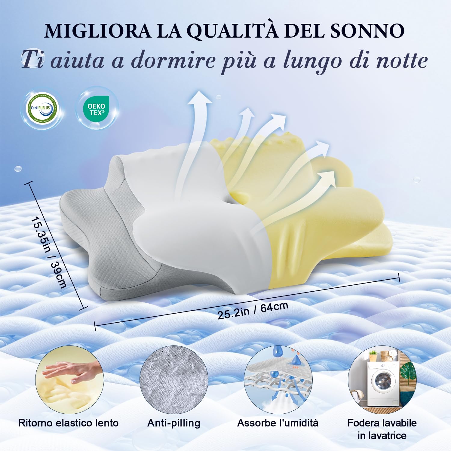 KOOTETA Cuscino Cervicale Memory Foam, Cuscino Ortopedico per Dormire con Supporto per Collo e Spalle, Doppia Altezza 10/13 cm, Federa Traspirante Sfoderabile Lavabile, 64x39 cm, Grigio Chiaro