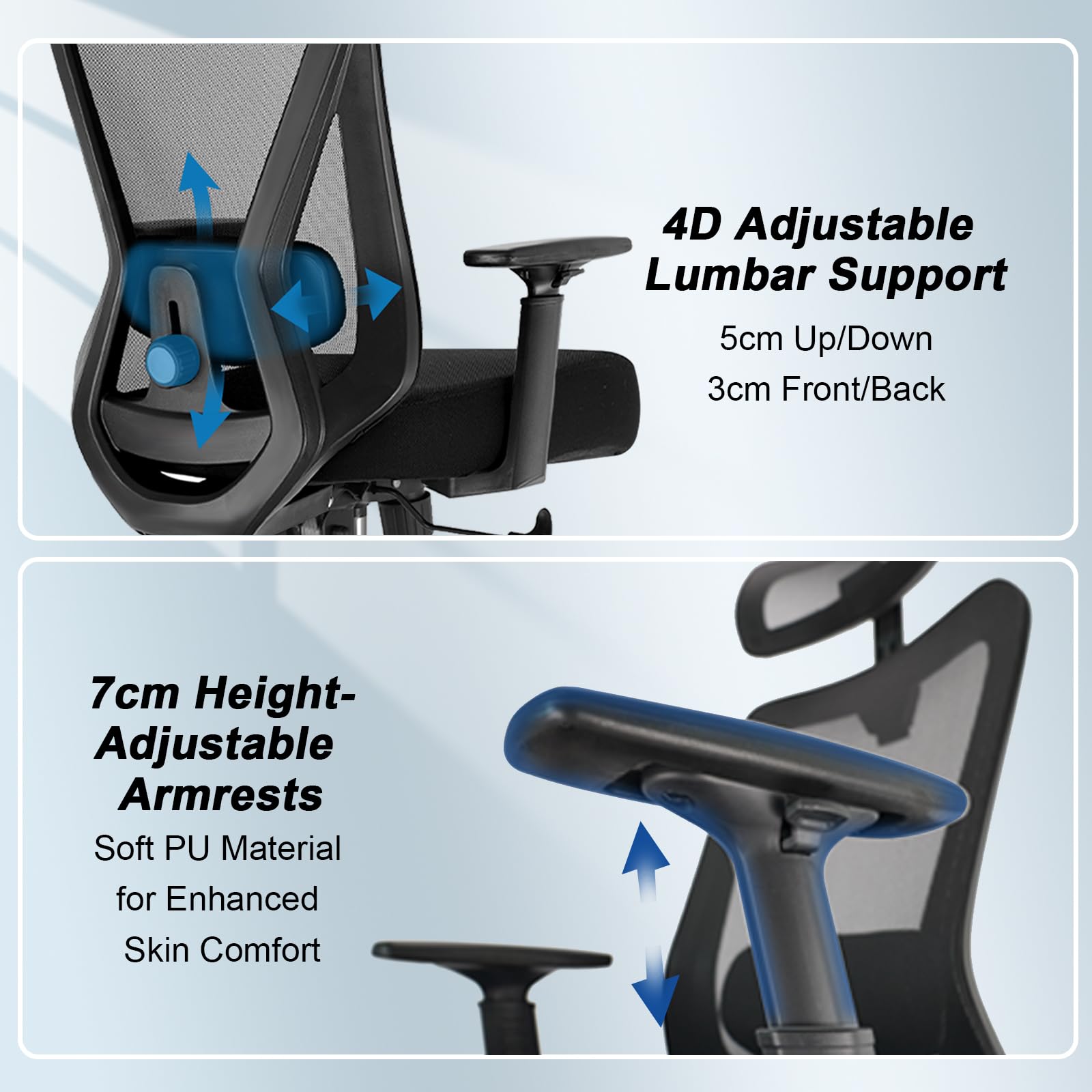 Durrafy Bürostuhl Ergonomisch, Bürostuhl mit Lendenstütze Verstellbarer Kopfstütze und Armlehnen, 3-stufige Neigungsverriegelung, Rückenfreundlicher Schreibtischstuhl bis 150KG für Büro und Homeoffice