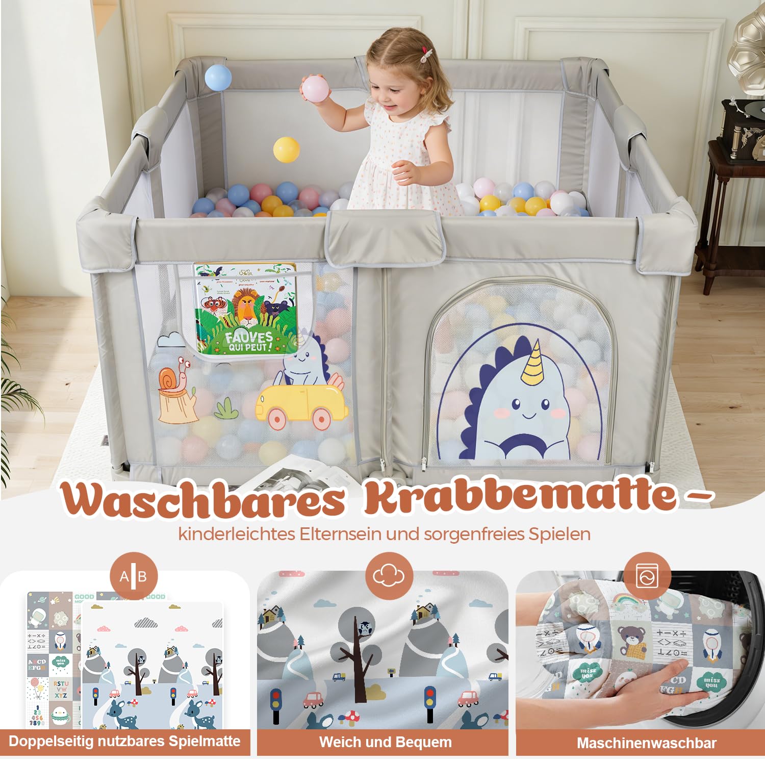Laufstall Baby Faltbar 150x150 mit Matratze, Tragbarer Laufgitter Baby aus 300D Oxford-Gewebe, 360° Atmungsaktives Netz & Rutschfestem Boden, Sicherer Babyspielplatz für Drinnen & Draußen - 5