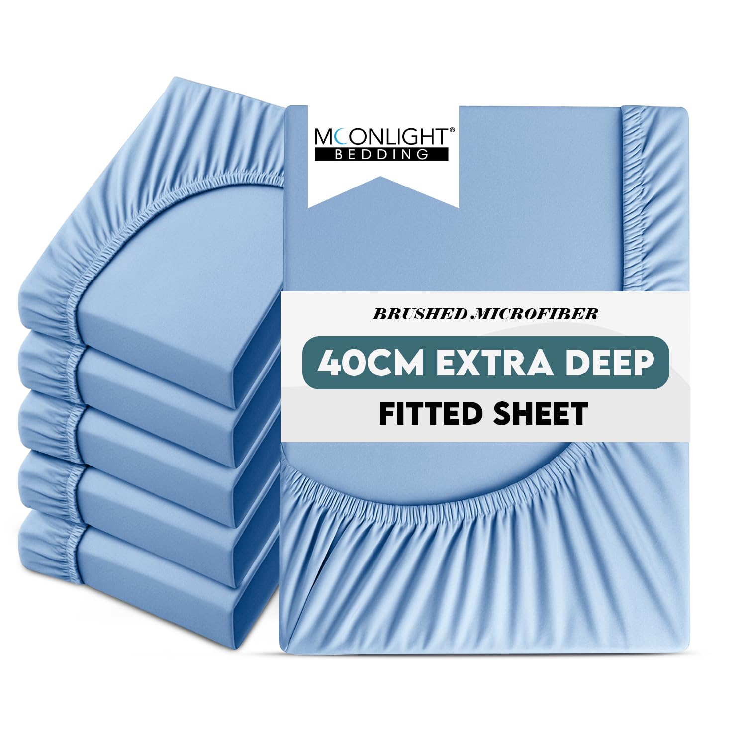 Moonlight Bedding Super King Size Fitted Sheets 6 Pack 40CM Light Blue Bedsheet with Elastic Corners 16 Inch Bottom Sheet Brushed Microfiber Easy Care Breathable Shrinkage Fade-Resistant — image 1