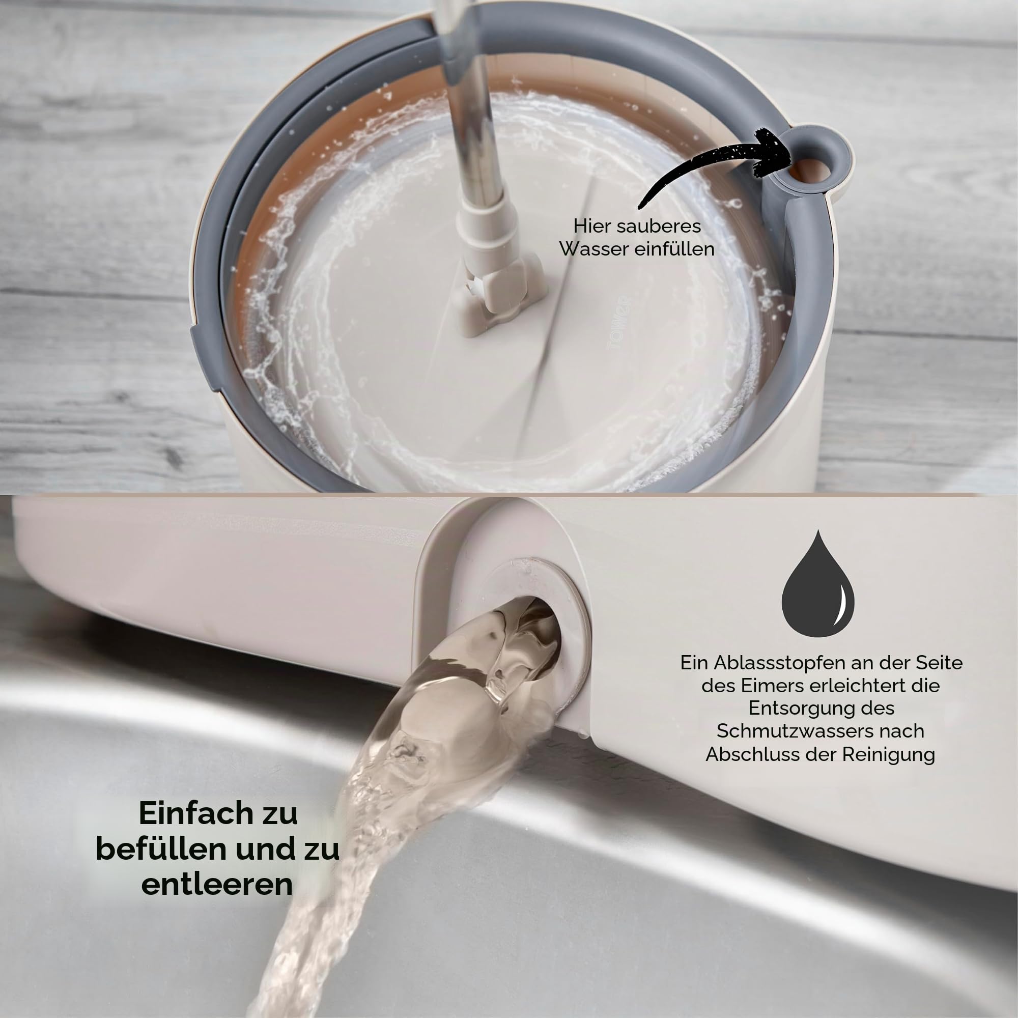 Tower Duo Compact Spin Mop & Eimer Saubere & Schmutzwassertrennung Müheloses 360° Auswringen 2 Wiederverwendbare Mikrofaser Wischpads Latte & Grau
