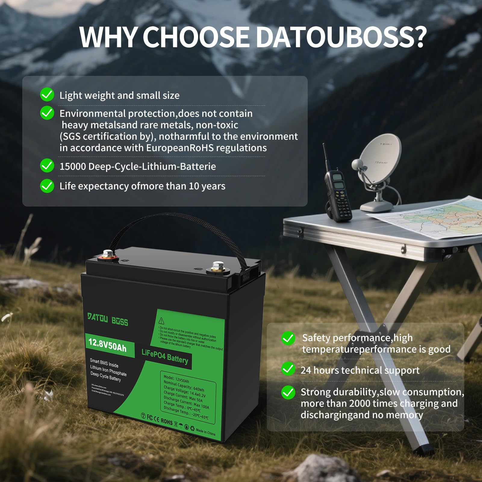 DATOUBOSS 12V 50Ah LiFePO4 Batterie,50A BMS,15000+Zyklen Deep Cycle Lithium Akku MAX 640W Leistung Unterstützung in Serie/Parallelschaltung,verwendet für Wohnmobil, Solar Home System und Boot