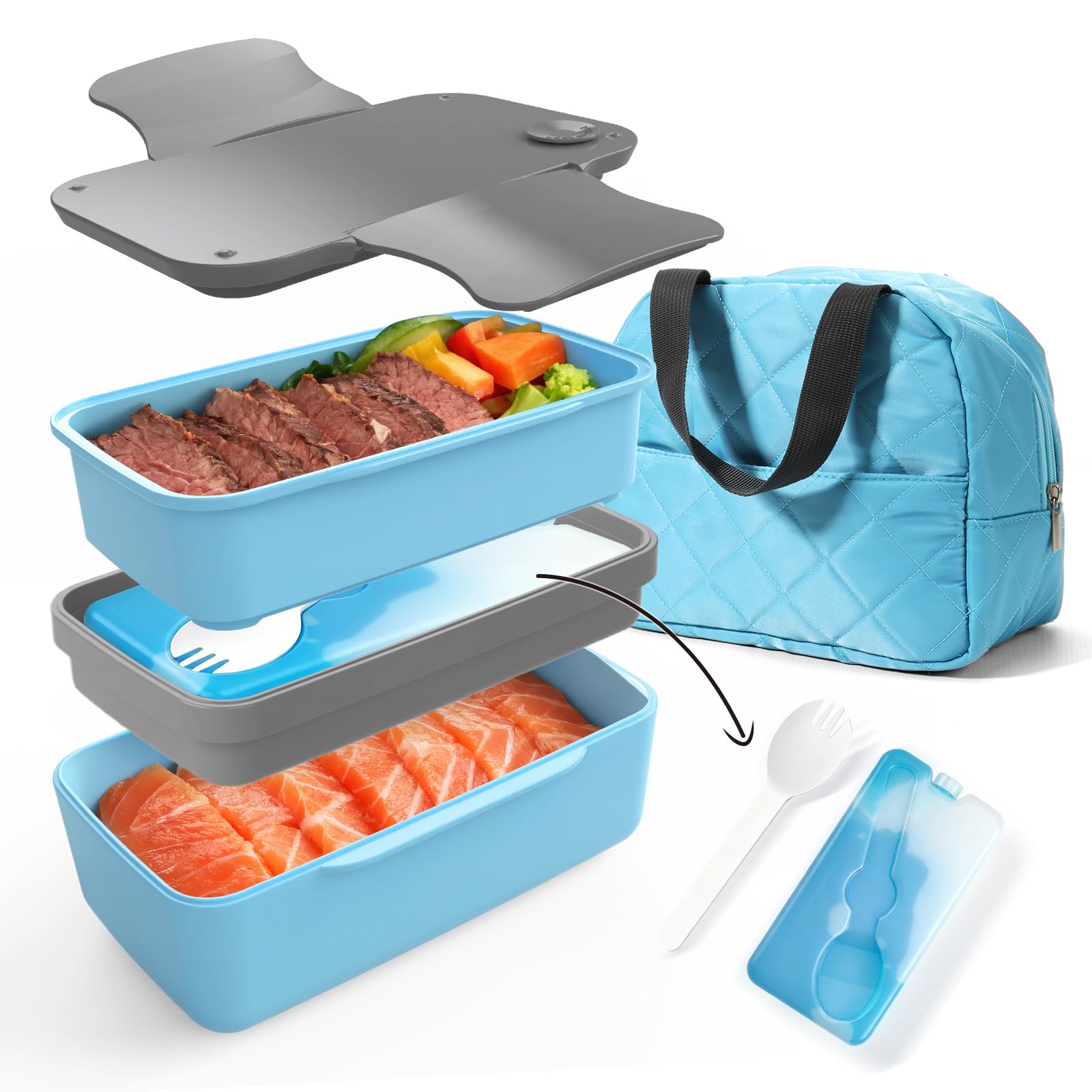 WHALEHOUSE 45 OZ Double-Layers Salad Container for Lunch, Bento Box with Ice Pack, Utensil & Cooler bag, Lunch Box with Lids for Meal Prep, Microwave/Dishwasher/Freezer Safe (Orange)