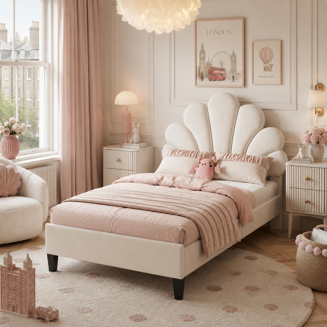 PerGar 3ft Single Beige Velvet Scalloped Bed, Shell Shaped Bed Frame โ image 1