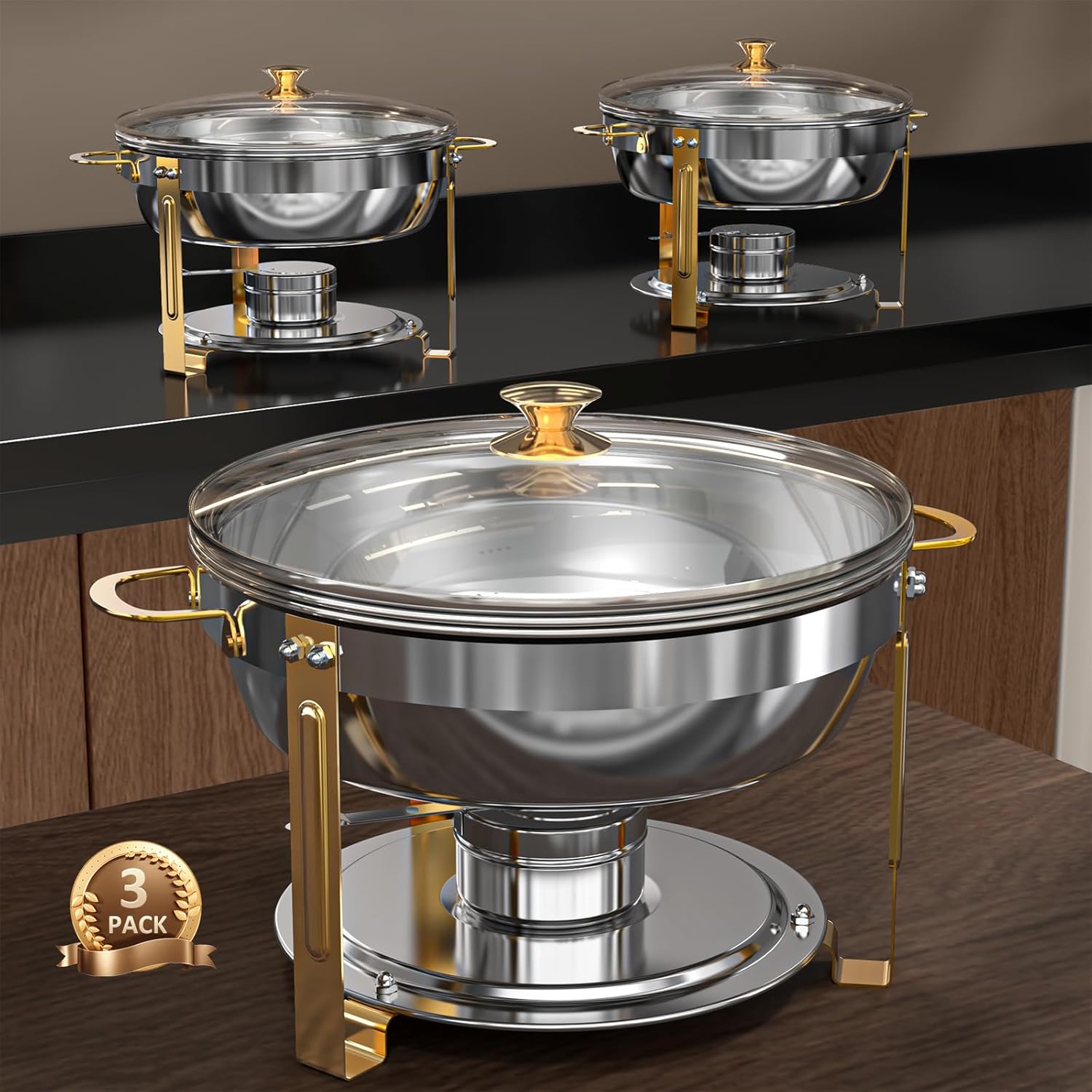 5 Qt Chafing Dishes for Buffet with Glass Lid and Holder, Stainless Steel Chafing Dish Buffet Set with Food and Water Pans for Parties and Weddings, Gold, 3 Pack