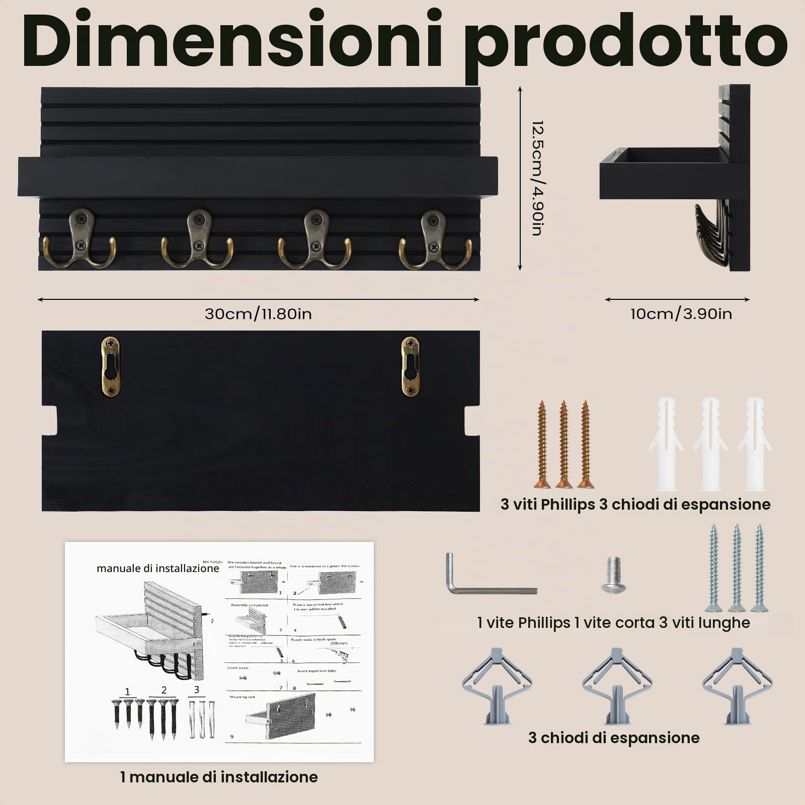Portachiavi da Parete in Legno, Portachiavi da Muro con Ripiano, Porta Chiavi da Muro per Casa con 8 Ganci, Appendi Chiavi Home Decor, per Corridoio, Ingresso, Cucina, Bagno (Nero)