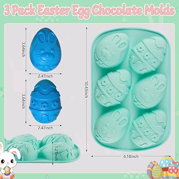 3Pack Jumbo Easter Chocolate Molds,6 Cavities Non-stick Bunny Egg Silicone Mold, Easter Egg Jello Mold for Easter Breakable Chocolate,Muffin Cupcake,Chocolate Bomb,Pudding,Mousse,Handmade Soap