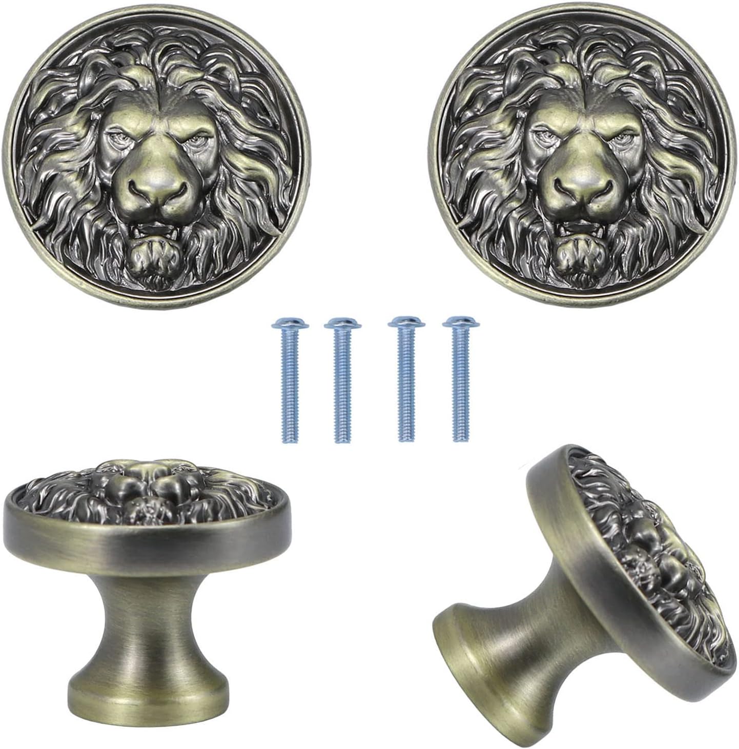 Cabinet Knobs Antique Lion Head Drawer Pulls Gold Animal Knobs Dresser Drawer Knobs and Pulls Single Hole for Kitchen Cupboard Handles 4 Pcs (Green Bronze)