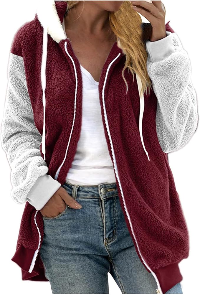 Fuzzy Fleece Jackets for Women Plus Size Hoodies Fall Winter Coats Color Block Patchwork Cardigan Coat with Pockets