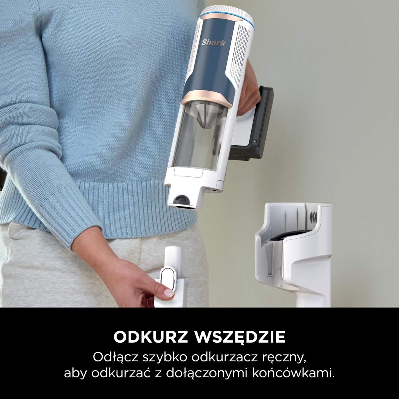 Shark Clean & Empty Bezprzewodowy odkurzacz z automatycznym systemem opróżniania, czas pracy 40 min, Anti Hair Wrap, akcesoria do sierści i szczelin, stacja ładująca, biało/niebieski, BU3521EU