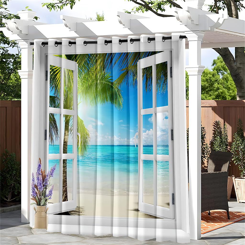 Lot De 2 Rideaux D'Extérieur Imperméables Hixingo - Terrasse, Jardin, Gazebo - Paysage Bord De Mer 137x203cm
