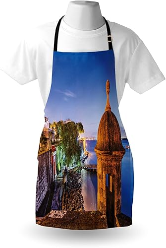 Miniatura 3 de Lunarable Puerto Rico Apron, Coast at Paseo de la Princesa Retro Style Architectural Elements Photography, Unisex Kitchen Bib Apron with Adjustable