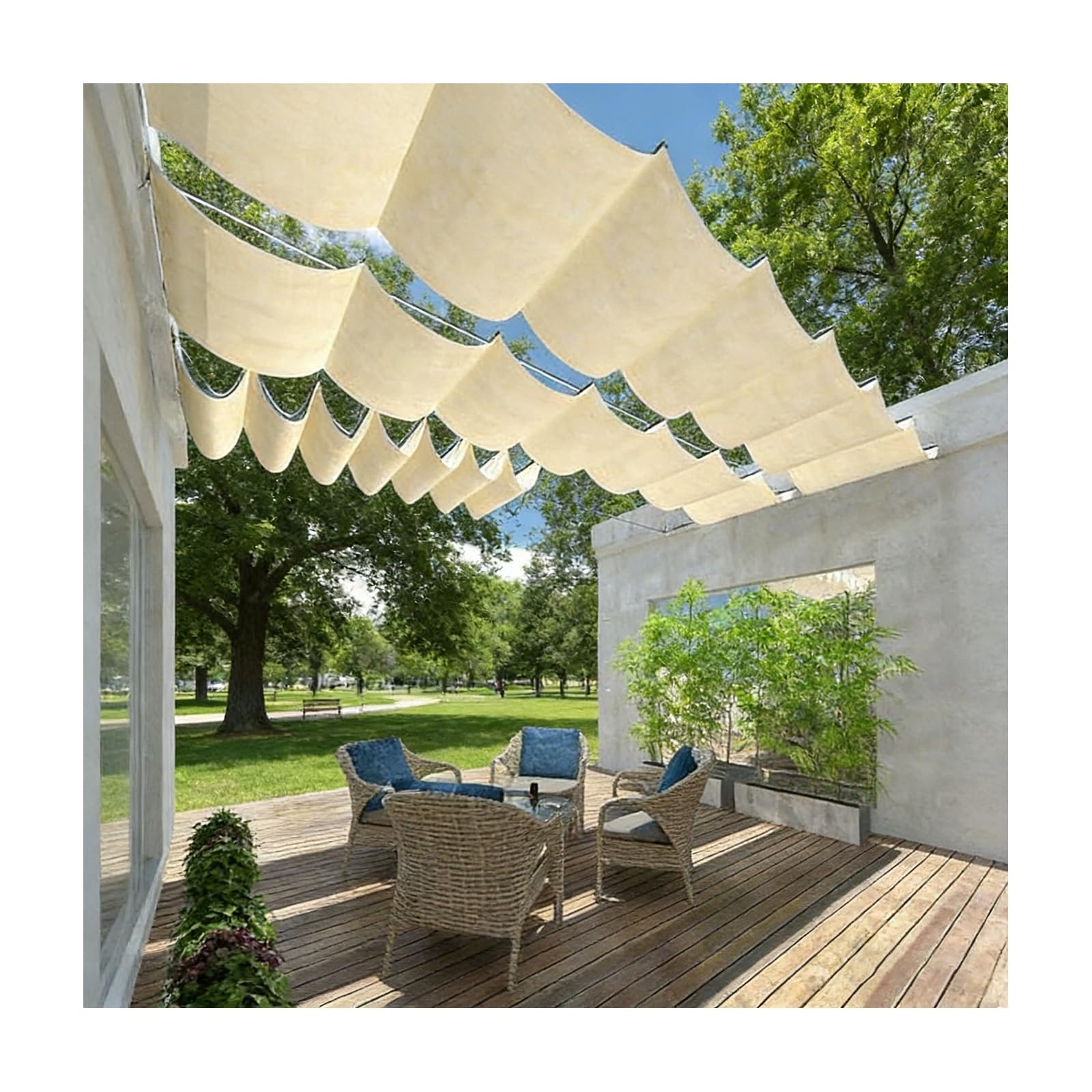 Auvent rétractable ondulé de 15m pour ombrager les déjeuners sur votre terrasse