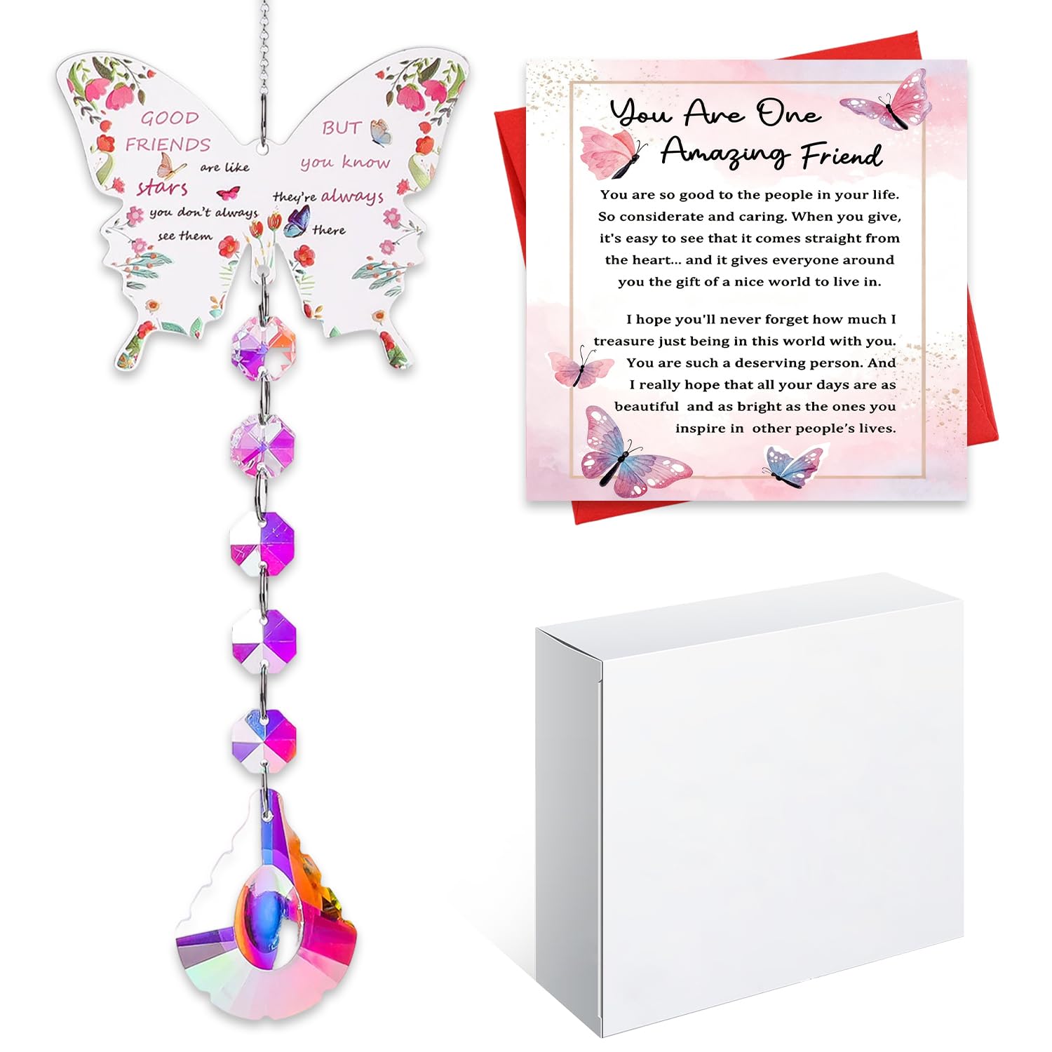 Friendship Gifts for Women, Bestie Gifts for Women, Friend Wind Chime, Purple Crystal Butterfly Sun Catchers for Windows Garden with Box and Greeting Card, Presents for Women Birthday Graduation