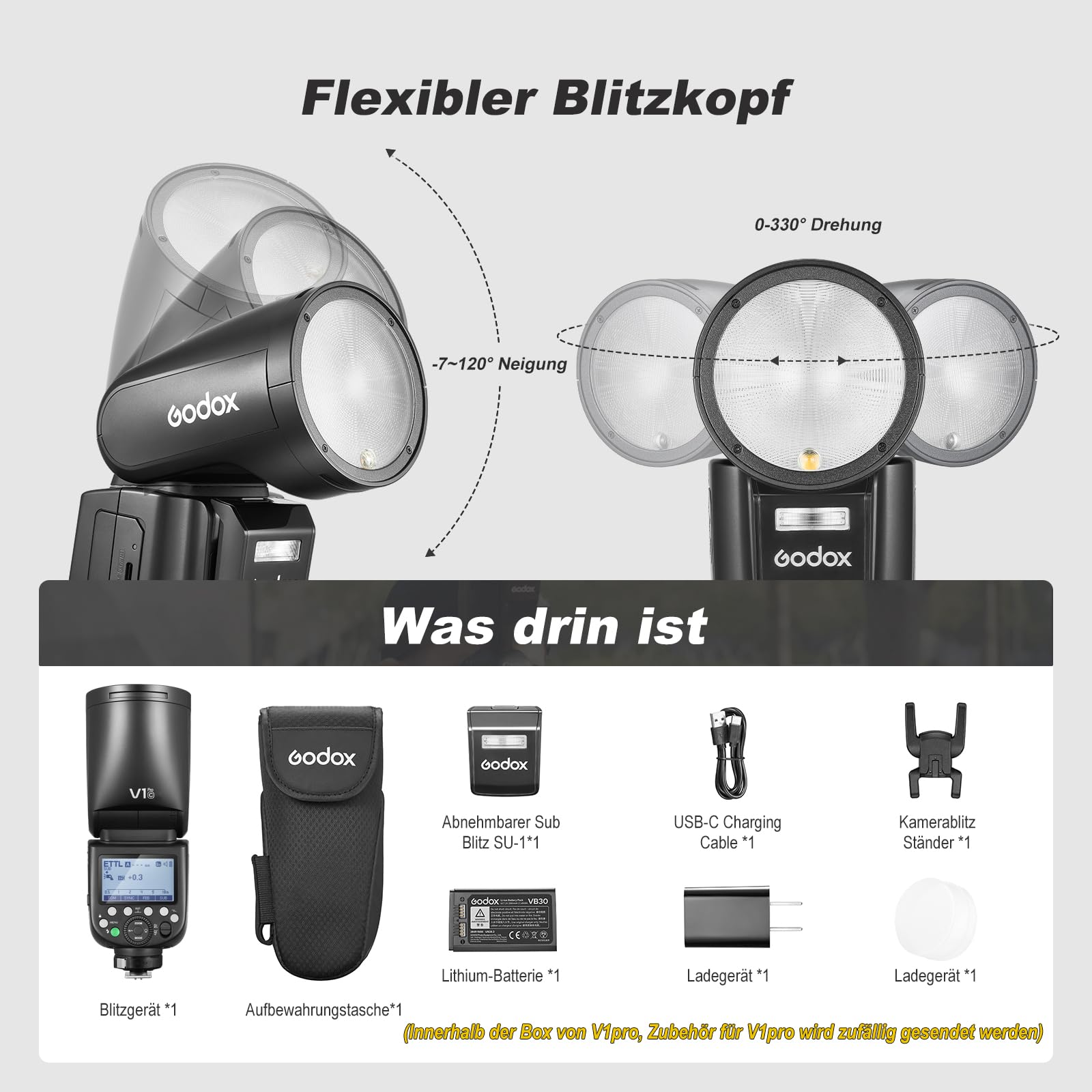 Godox V1Pro C Flash TTL Runde Kopf Kamera Speedlite 76Ws HSS 1/8000s 2980mAh Lithium Batterie LED Modellierungslampe Externe Blitz,V1-C (2024) SU-1 M/TTL-Blitzmodus für Canon