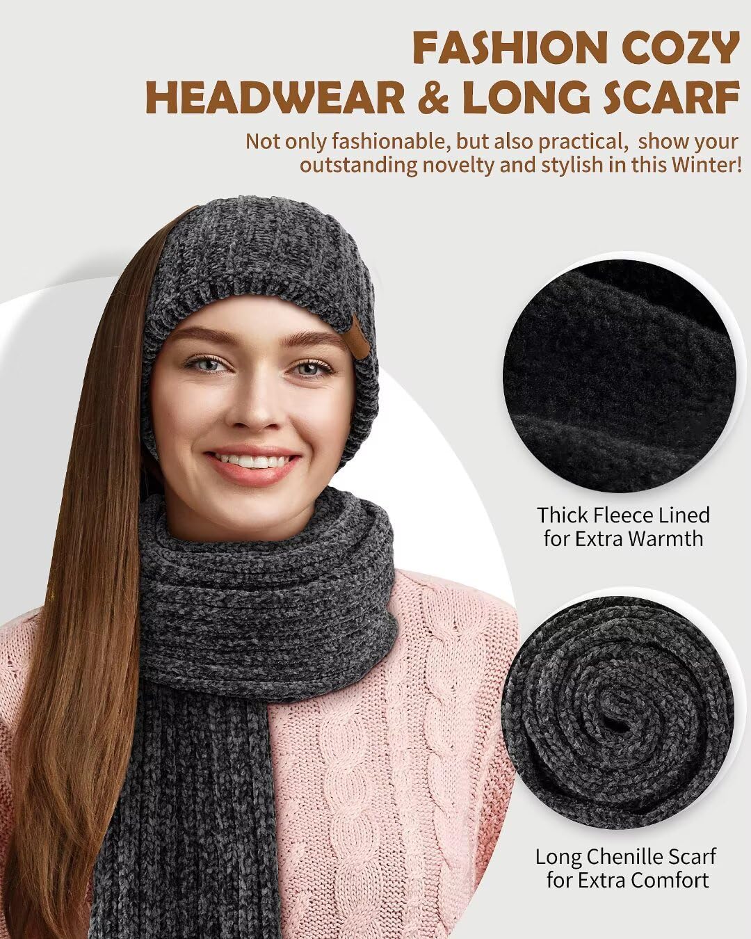 Winuesa Fascia per capelli, cappello, sciarpa e guanti da donna, in ciniglia, foderata in pile, scaldacollo, sciarpa, guanti touchscreen, set regalo 4 in 1