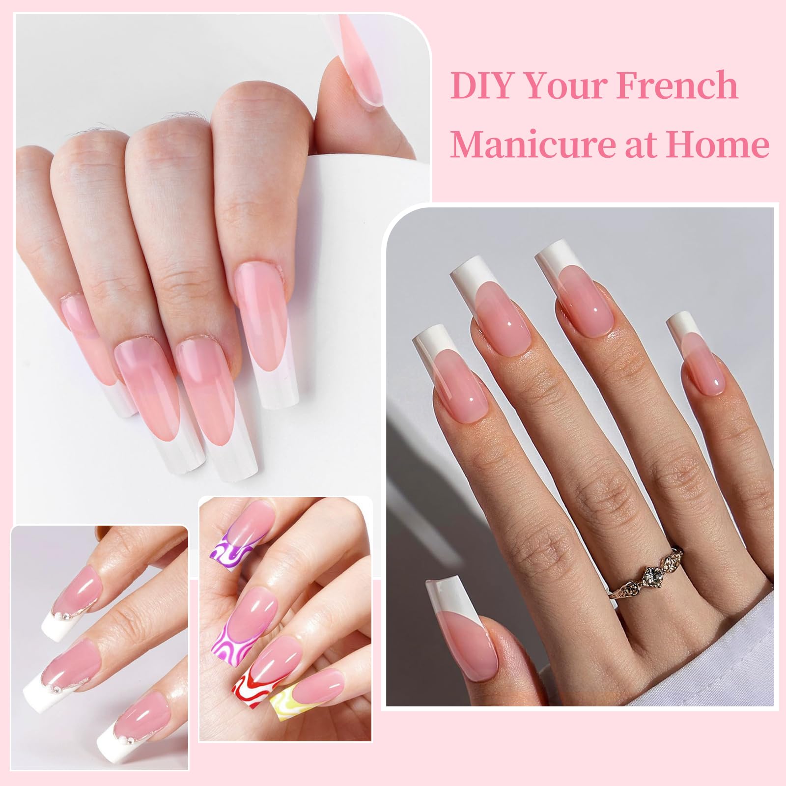 Kit da 240 unghie finte finte rosa nude con punta francese, unghie finte a bara super lunghe, unghie finte resistenti con colla