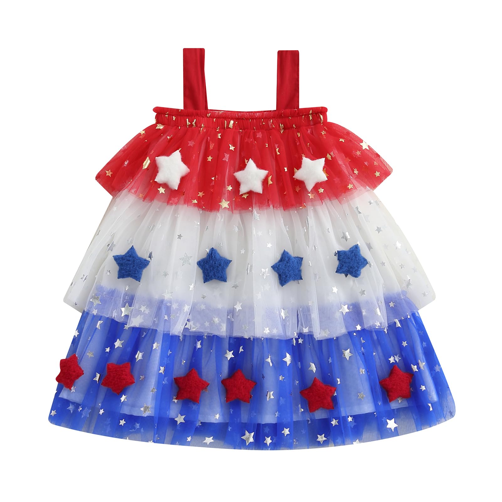 Toddler Girls Tutu Dresses Tiered Tulle Sleeveless 3D Flower Sequins Star Printed Birthday Baptism Sparkly Dress (Red White Blue, 1-2 Years)