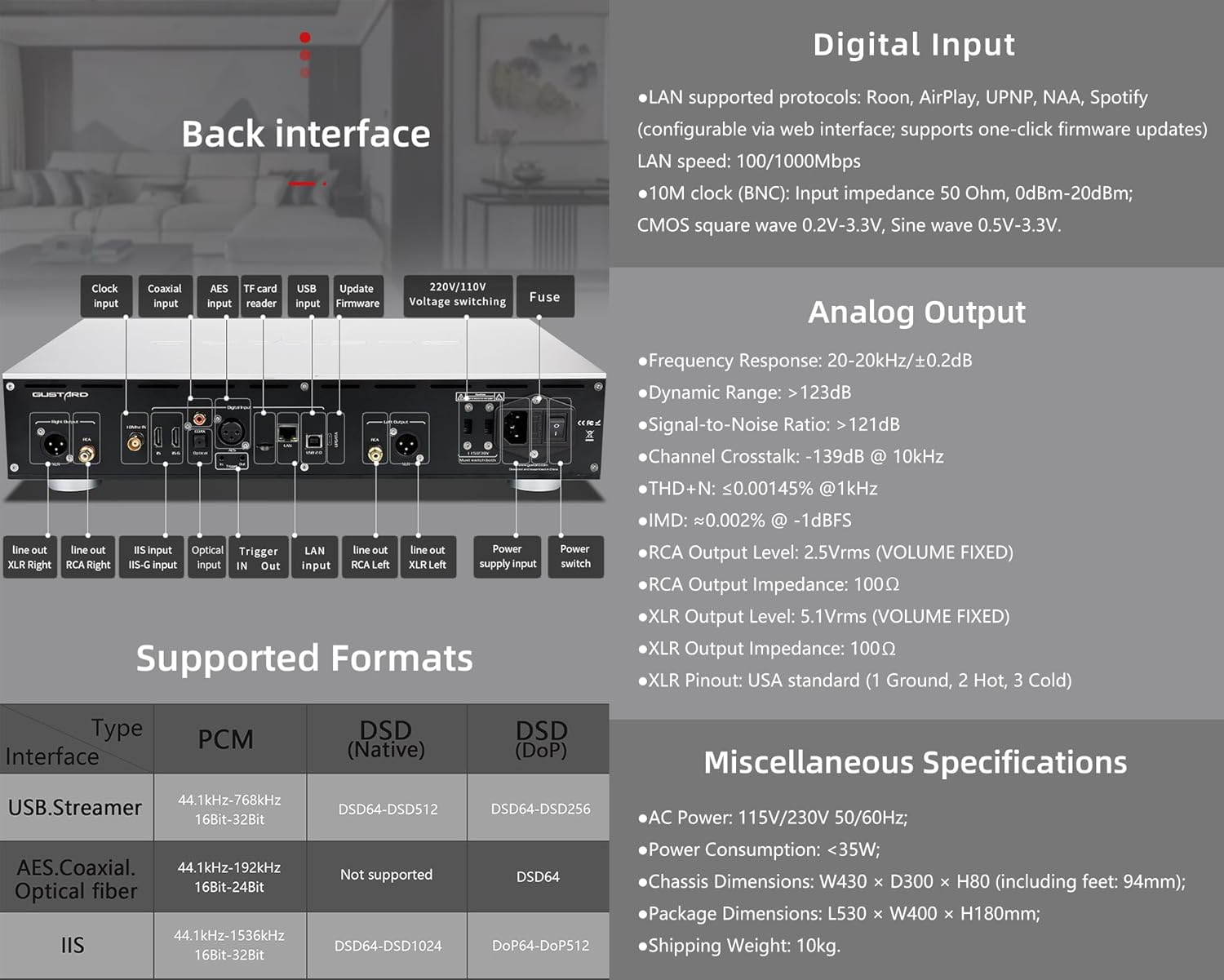Gustard R30 Back Interface and Digital Input Specifications
