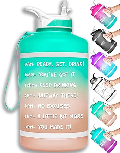 HydroMATE - Botella de agua motivacional con pajita y asa con marcador de horarios, tamaño grande, medio galón (64 onzas) de capacidad,