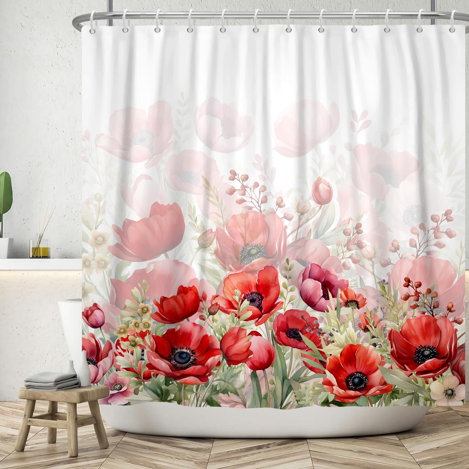 ASDCXZ Flower Shower Curtain 180x220 cm, Spring Hand Painted Red Rose Flowers Green Leaves White Bath Washable Shower Curtains Polyester Textile Waterproof Bath Curtain for Bathtub with 12 Hooks โ image 1
