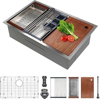 SANYCASA 30 Inch Undermount Workstation Kitchen Sink - 11 Gauge SUS304 Stainless Steel Single Bowl with Cutting Board & Accessories