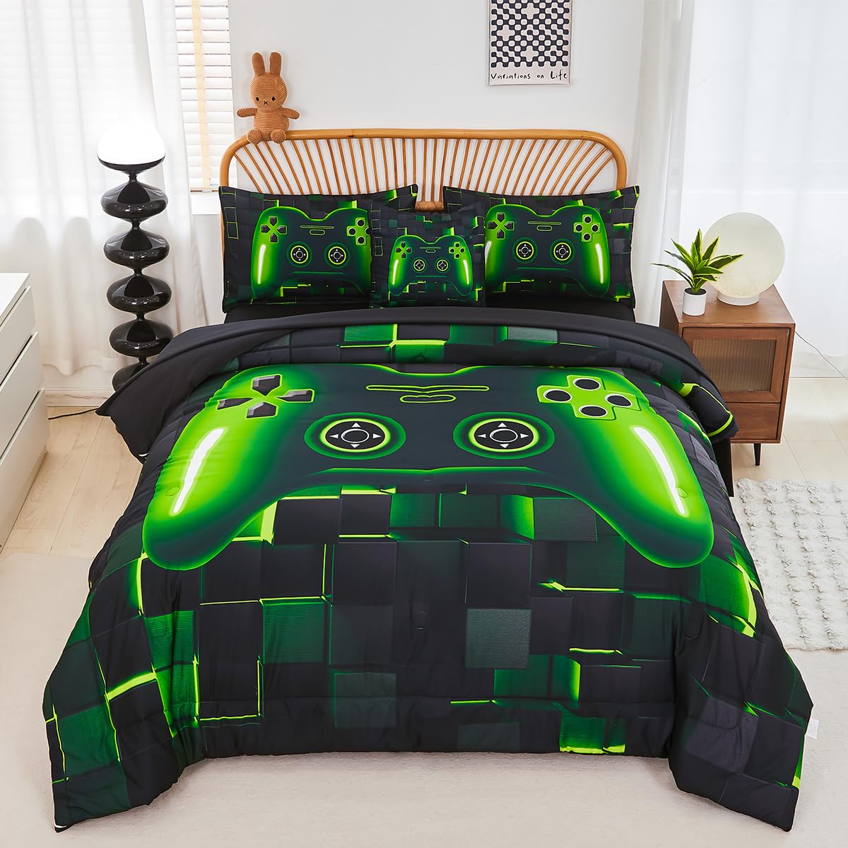 PERFEMET 6 Pcs Full Size Gamer Comforter Set Boys Green Game Console Bedding Set for Kids Teen 3D Black Video Gaming Pattern Bed in A Bag for All