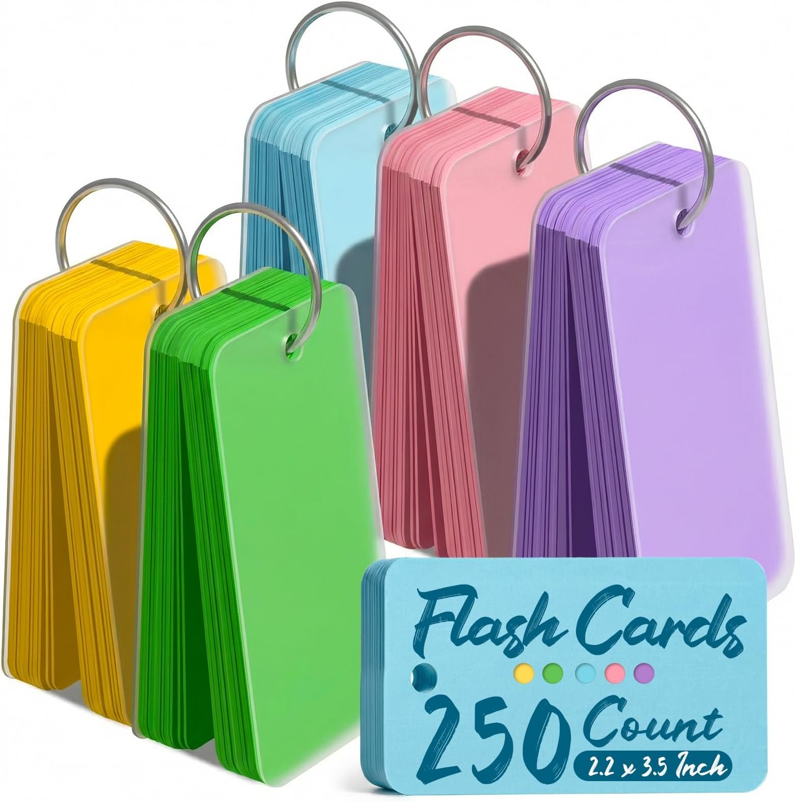 Koogel 250PCS Colored Index Cards with Rings, Flash Cards for Studying, 2.2 x 3.5 Inch Portable Notecard with Cover for School Vocabulary Words Memory Nursing Note Taking Classroom College Essentials