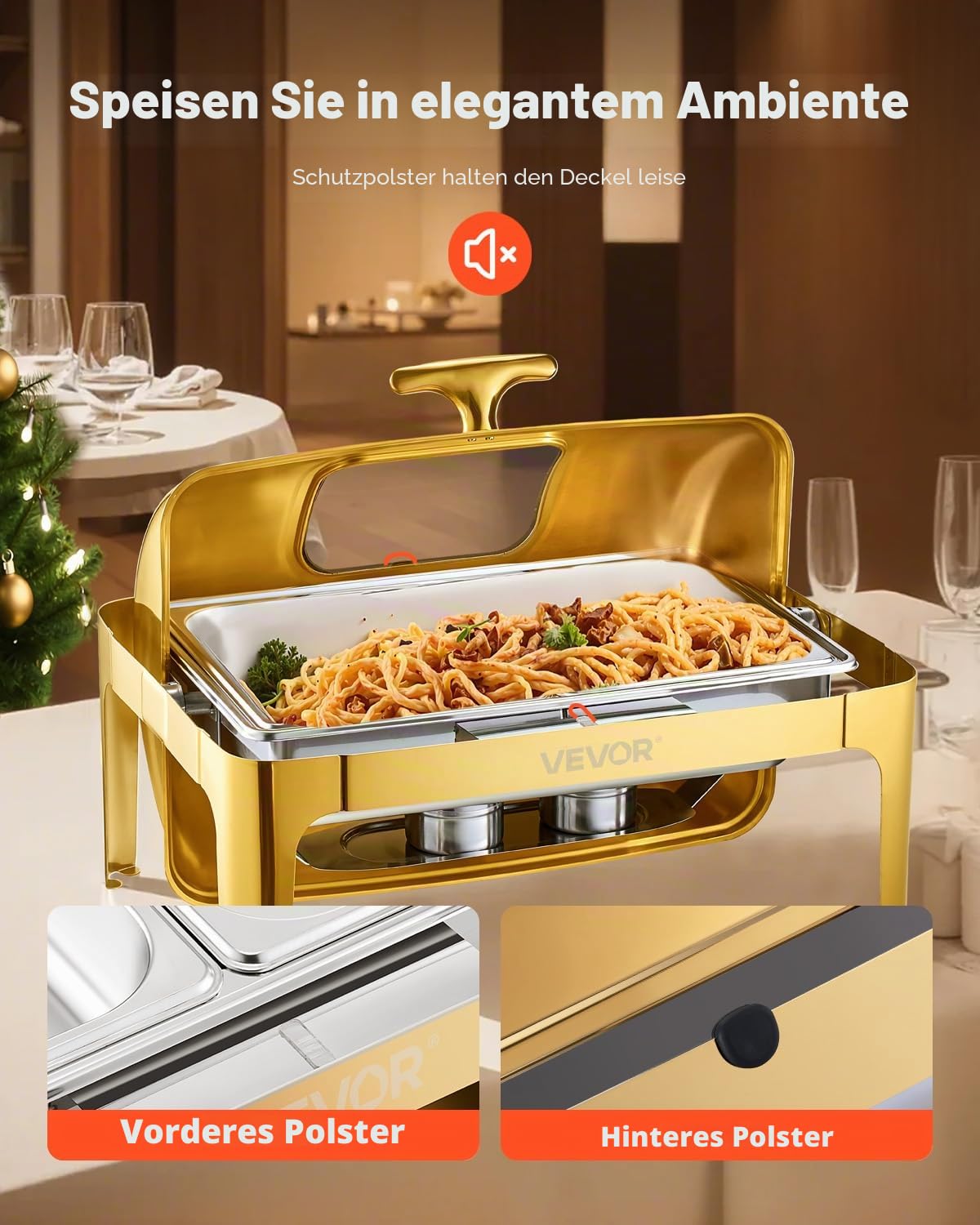 VEVOR Chafing Dish Set Speisenwärmer Edelstahl mit Pfannen in voller Größe (8,5 L), rechteckiger Wärmespender mit sichtbarem Deckel & Wasserpfannenständer & Brennstoffhalter, für Partys Gold