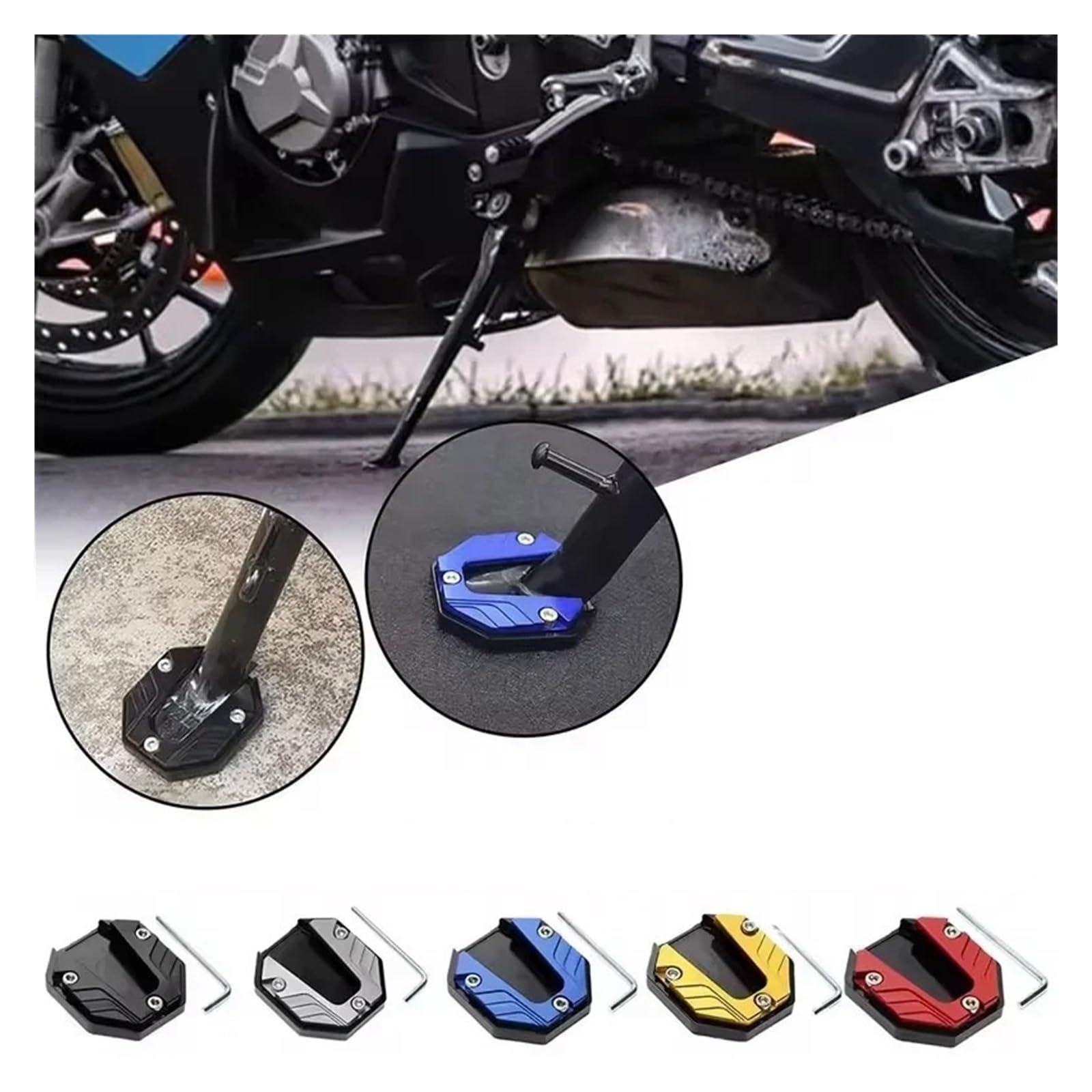 Béquille latérale de moto Pour scooter pour moto vélo accessoires Extension pied coussinet plaque de Support(Argent)