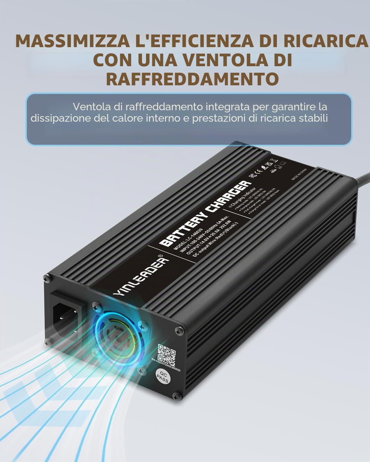 Yinleader Caricatore per Batteria Auto LiFePO4 20A 12V - Caricatore Automatico Intelligente per Batterie al Litio Fosfato di Ferro 14,6V 20A - Protezione Multipla e Dimensioni Compatte