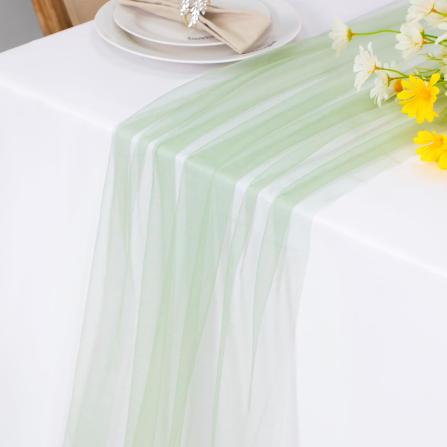 Snowkingdom Sage Green Table Runner, 10 FT Sheer Tulle Cheesecloth Gauze, Boho Rustic Table Centerpieces Decoration for Spring Wedding Baby Bridal Shower Christmas Party 1 Sage Sheer