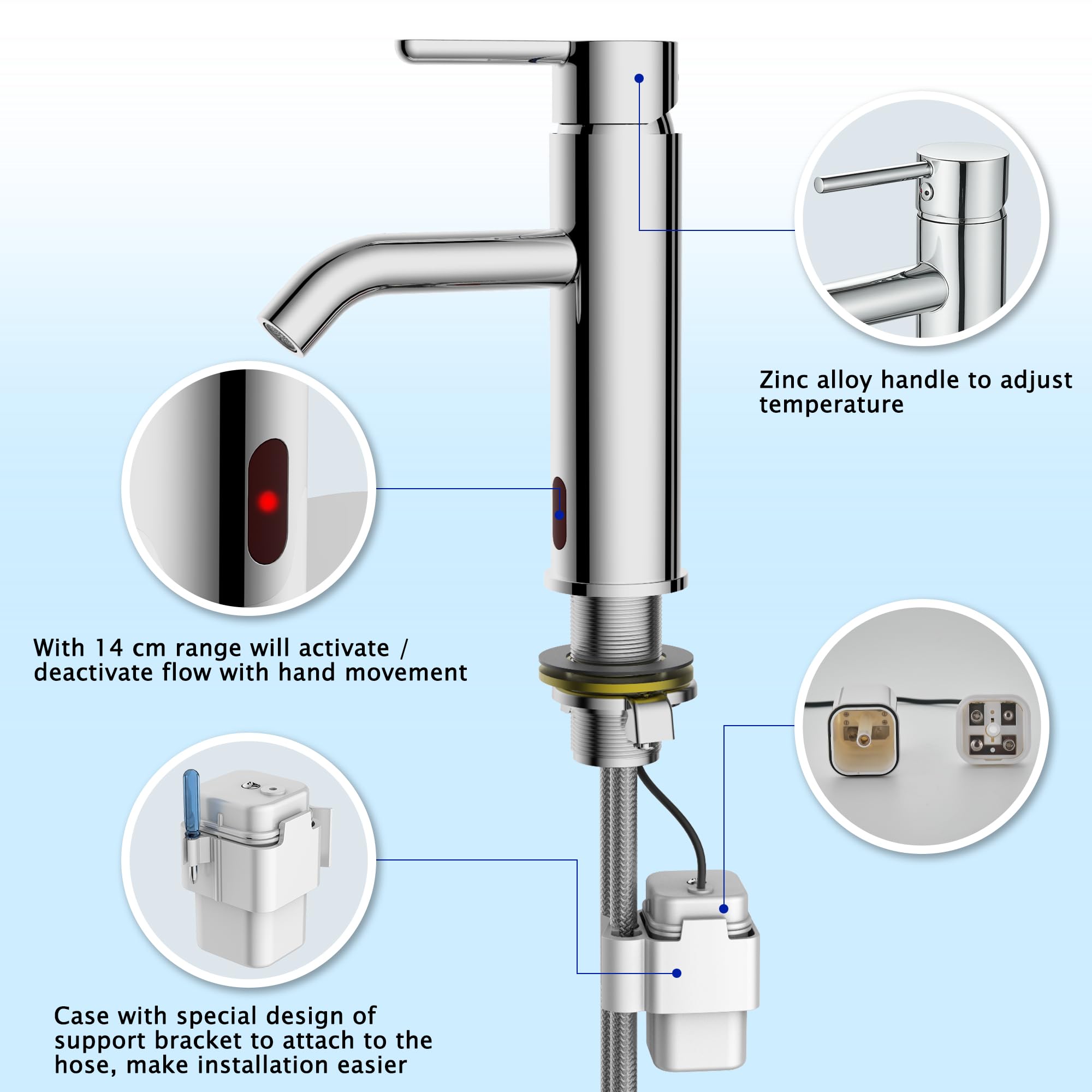 Rubinetto con Sensore Infrarossi Automatico per Lavabo Bagno - Miscelatore in Acciaio Inossidabile - Batteria - Cromo Argento