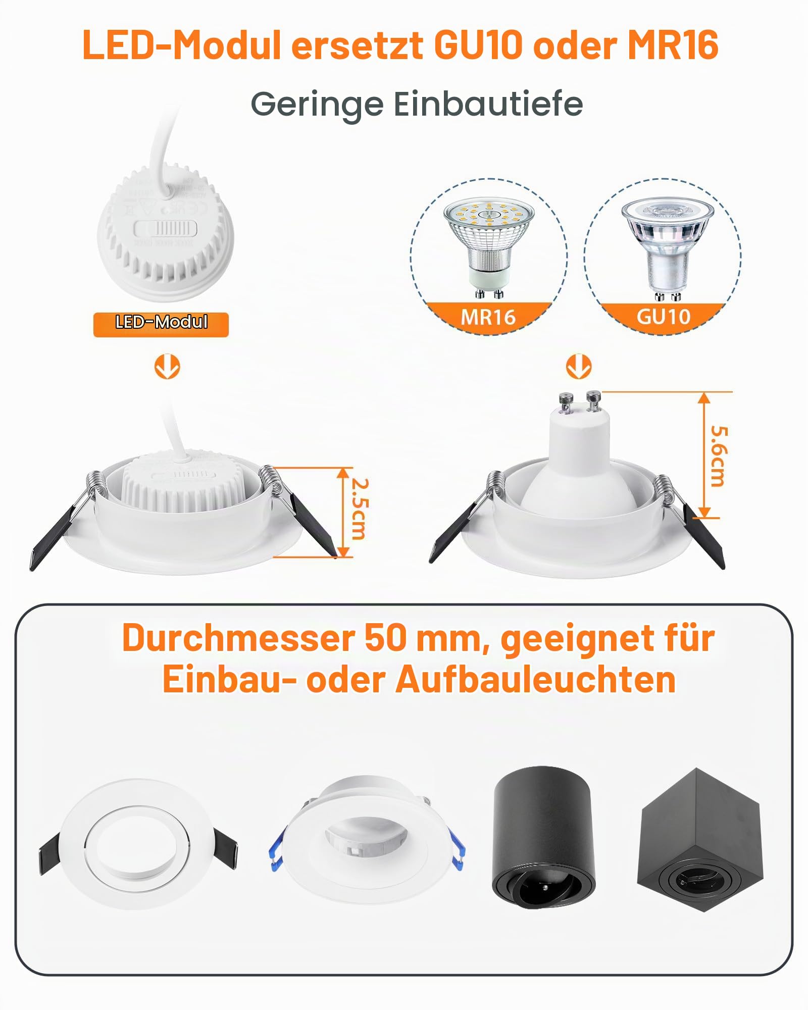 YindaLux 10er Set LED Modul Dimmbar ø50x23mm für Einbaustrahler Aufbauspot 4.9W 500LM 3CCT Warmweiss 3000K Neutralweiss 4000K Kaltweiss 6500K IP44 Wasserdicht 120°Modul Ersetzt GU10 MR16 Leuchtmittel