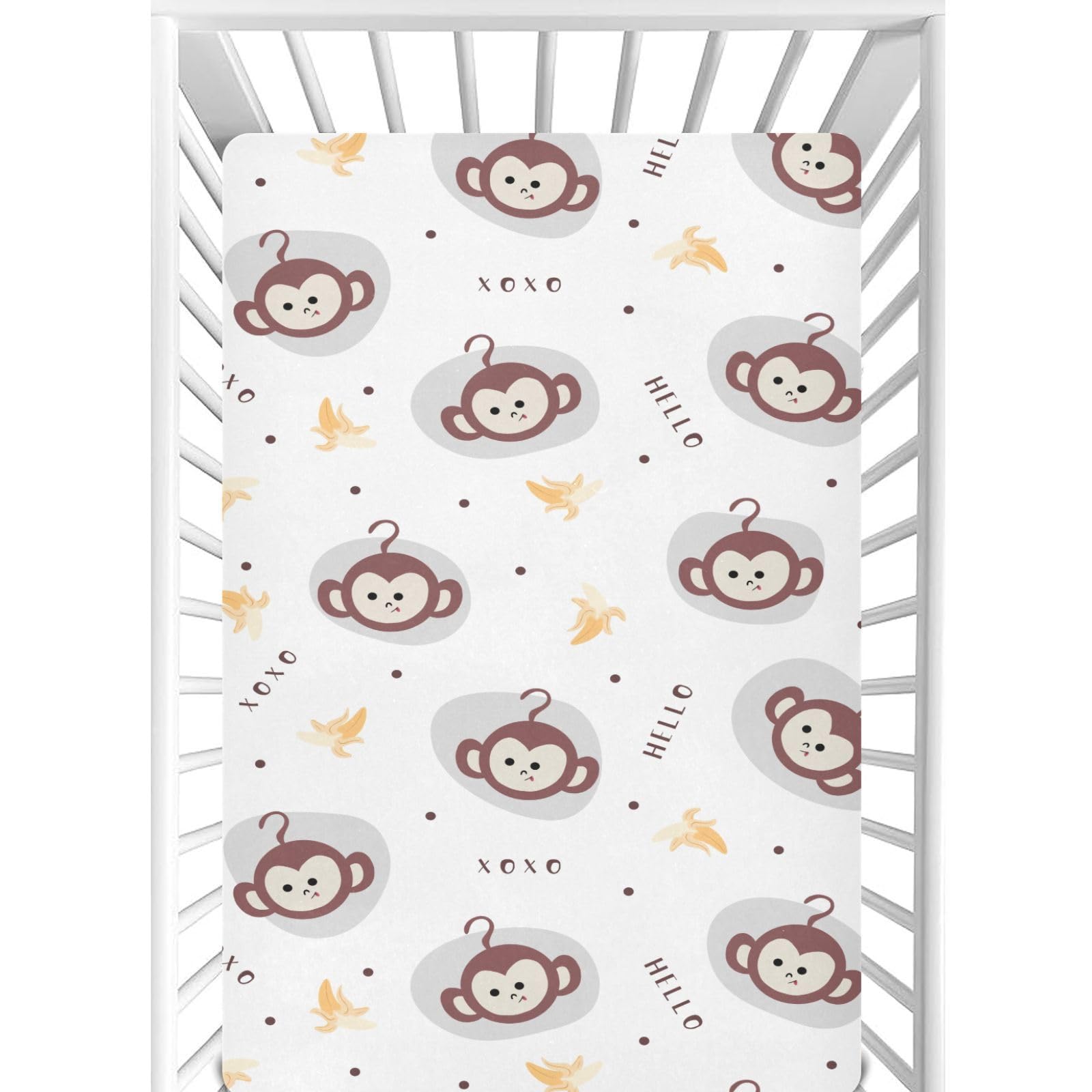 CaTaKu Funny Monkey Banana Mini Crib Sheets for Girls Boys Baby Mattress Sheets Fitted, Soft Toddler Nursery Bed Sheets Neutral 28"x 52"