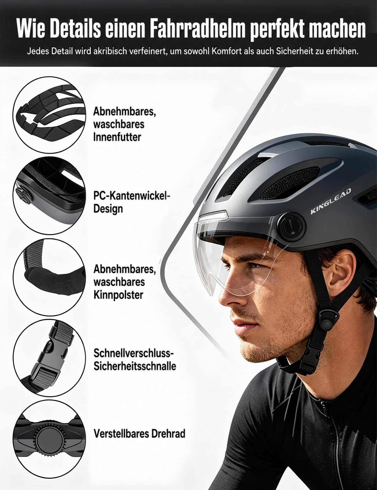 KINGLEAD Fahrradhelm Herren Damen mit Licht und Blinker, Visier, NTA 8776