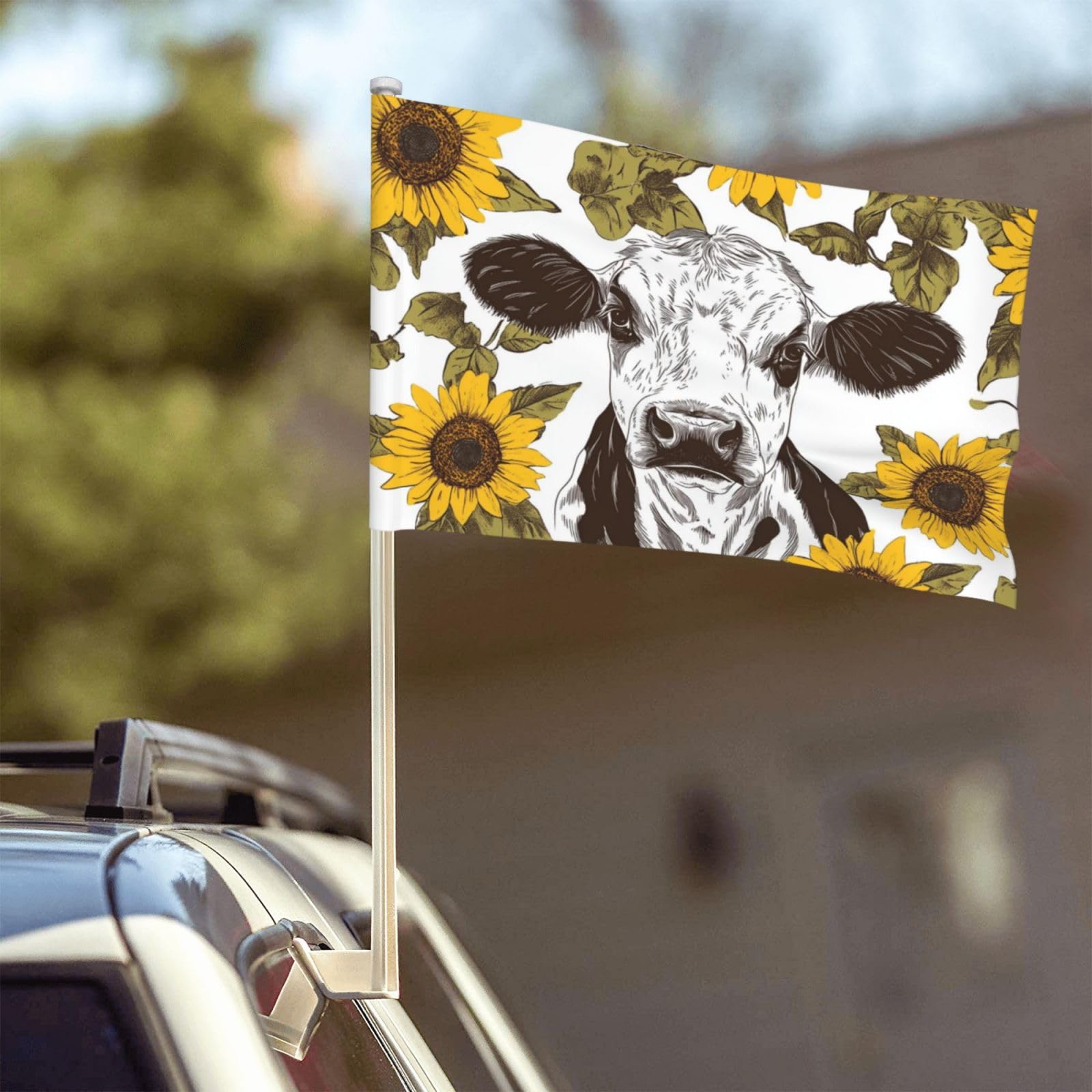 Cow Print With Sunflowers Car Flag Outdoor Window Clip 12 X 18 Inch Double Side Car Decoration