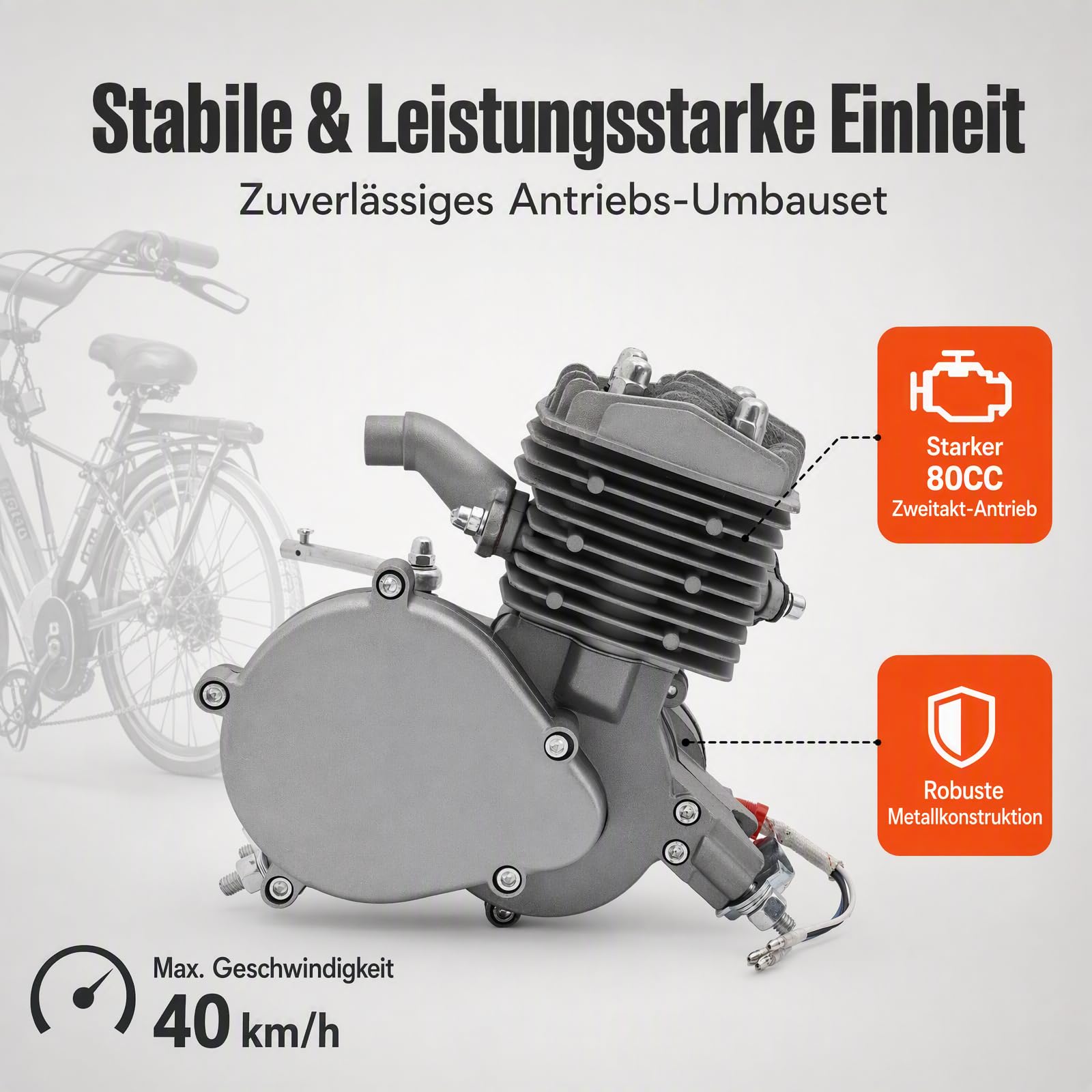80cc，2-Takt Fahrrad Benzinmotor Kit，EinzylinderCDI Zündung, luftgekühlter Hilfsmotor mit 2L Tank, Aluminium Motorkörper, für 26/28 Zoll V-Rahmen Fahrräder, max 40km/h