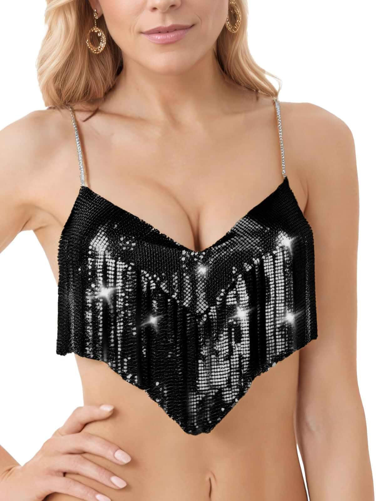 Women Sequins Tassel Bra Glitter Fringe Festival Backless Chain Bra Sparkly Halter Crop Wrap Tops for Carnival Rave Clothes