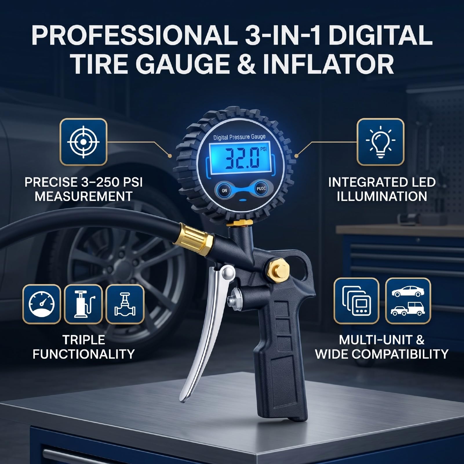 Tbest Cyfrowy Miernik Ciśnienia w Oponach Inflator do Opon 250 PSI