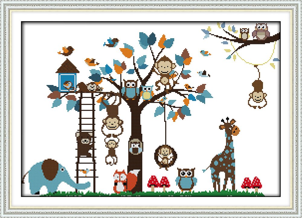 Benway Cross Stitch Happy Zoo,Monkey,Elephant, Owls,Fox and Giraffe 14 Count 57cm X 41cm