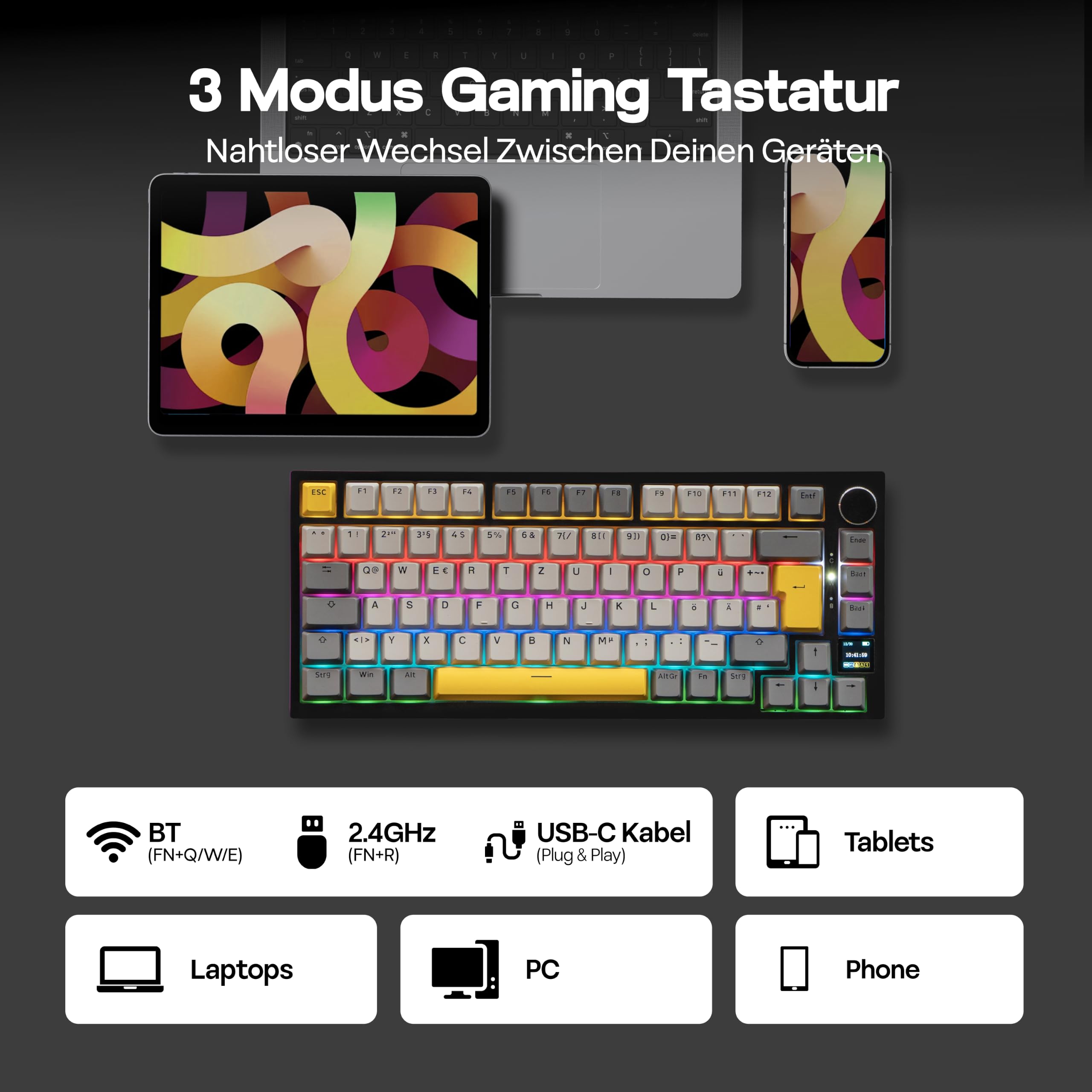 MechLands AK820 PRO 75% Mechanische Tastatur, QWERTZ Deutsches Layout, 3 Modi Drahtlose Tastatur mit TFT-Bildschirm & Cremiger Dichtungsstruktur, Hot-Swap-fähig, RGB, NKRO für Win/Mac (Schwarz)