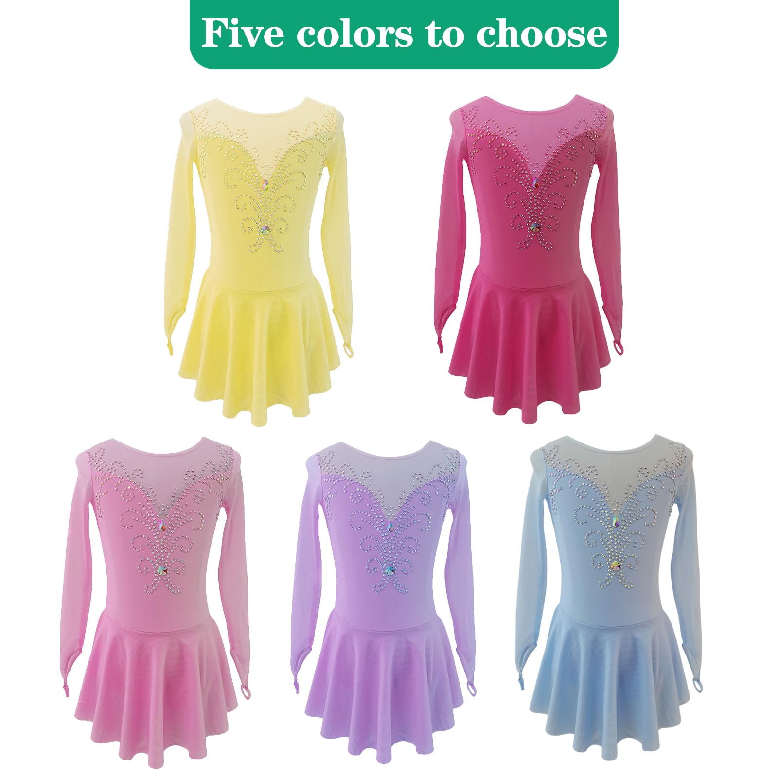 LIUHUO Ice Figure Skating Dress Girls' Elegant Handmade Crystal Long Sleeves Competition Womens Pink