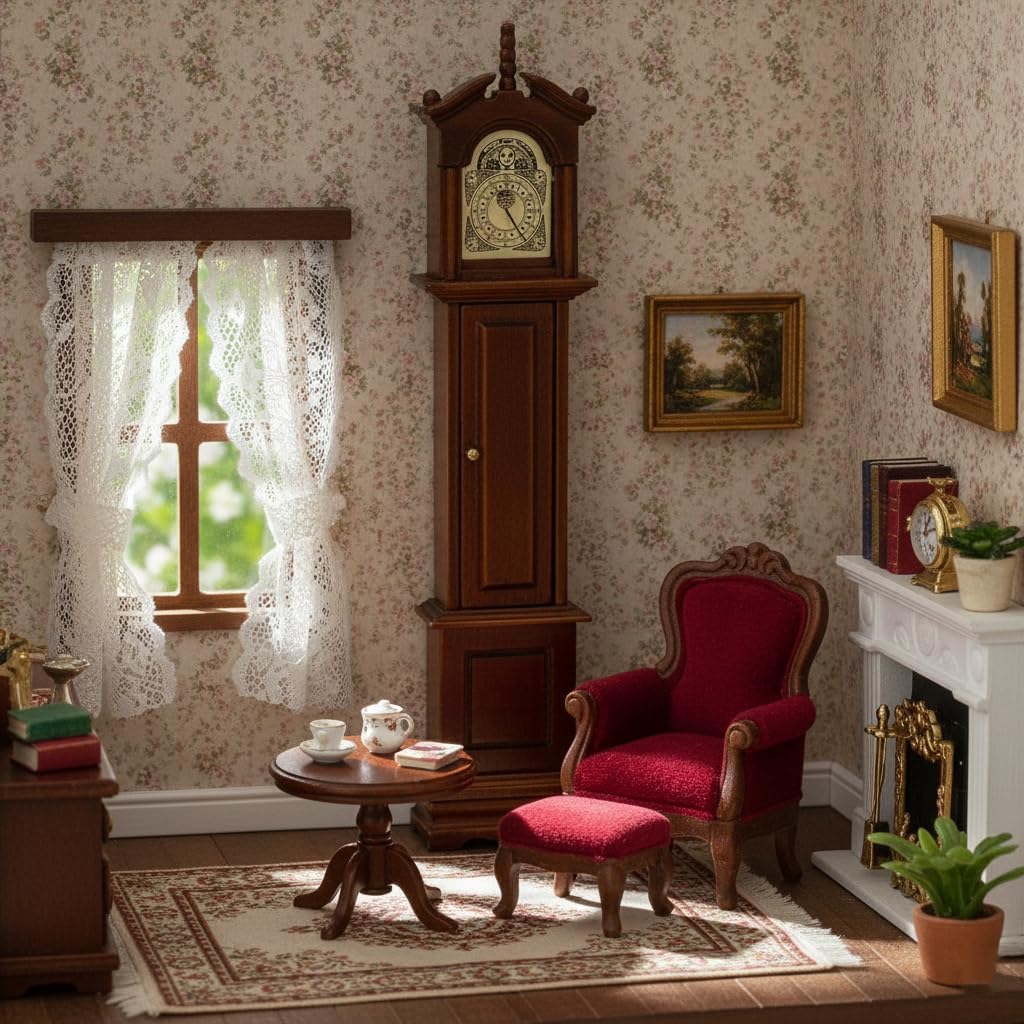 Mini Grandfather Clock – 1/12 Scale, Miniature Dollhouse Victorian Furniture Accessories, Doll House Decoration for Living Room Bedroom Kitchen Home Office, Small Wooden Rustic Vintage Essential Decor