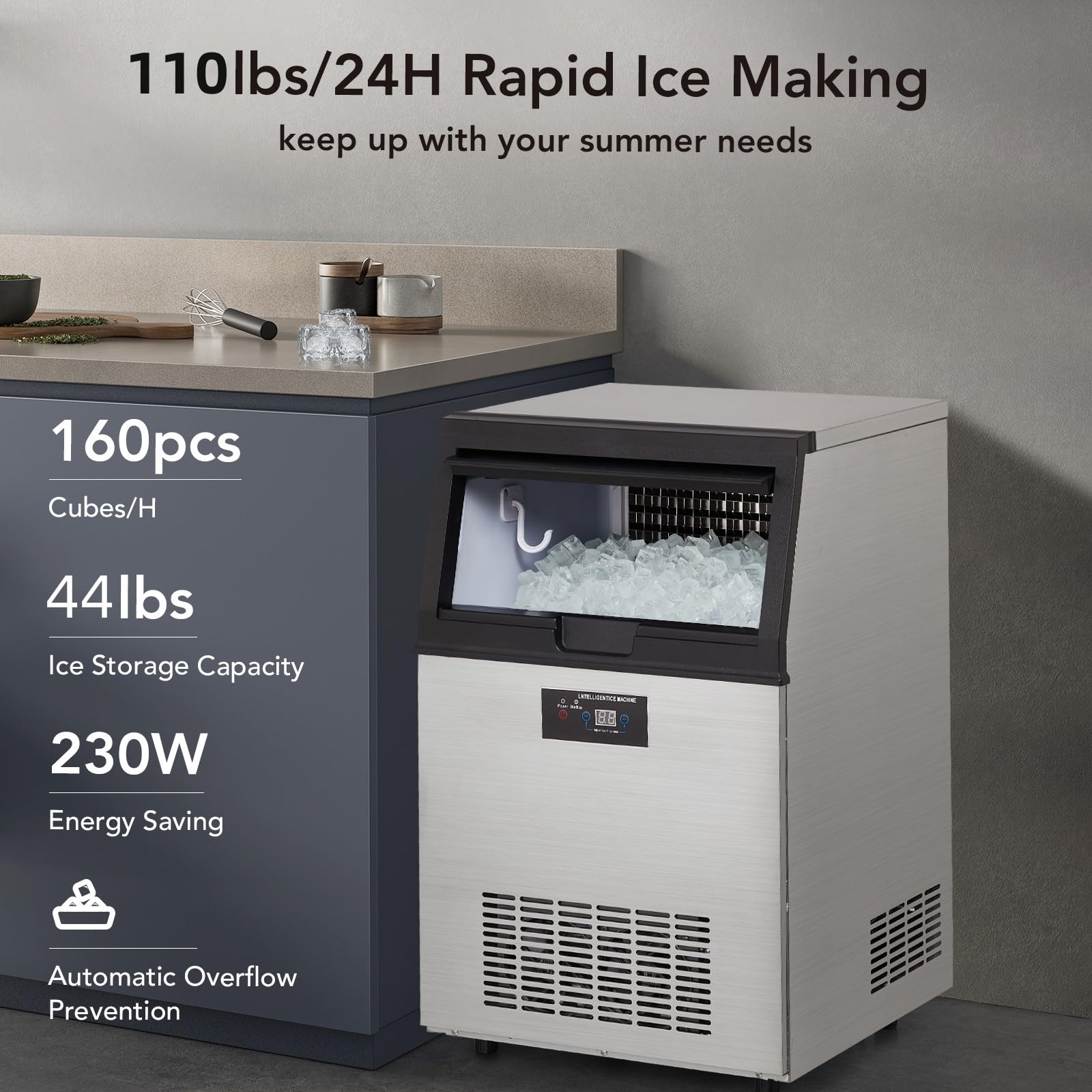 GARVEE Commercial Ice Maker Machine 110 LBS/24H, Stainless Steel Under Counter ice Machine with 44 LBS Ice Storage Capacity, Freestanding Ice Maker(5 * 8 Ice Cube) on Fridge.com