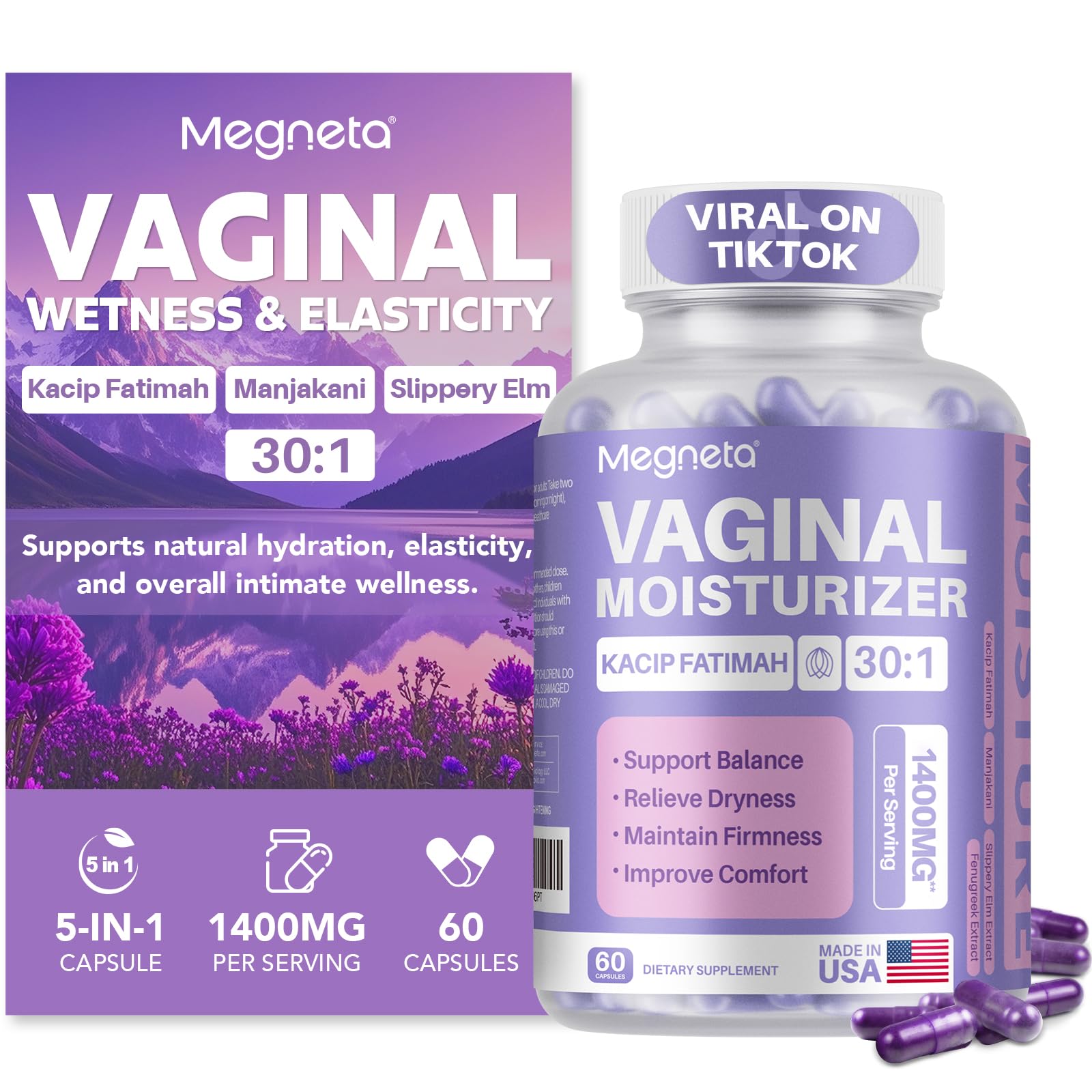 Vaginal Moisturizer, Kacip Fatimah 1,000mg & Manjakni 200mg for Female Intimate Health, Slippery Elm for Women, Vegan, 60 Capsules