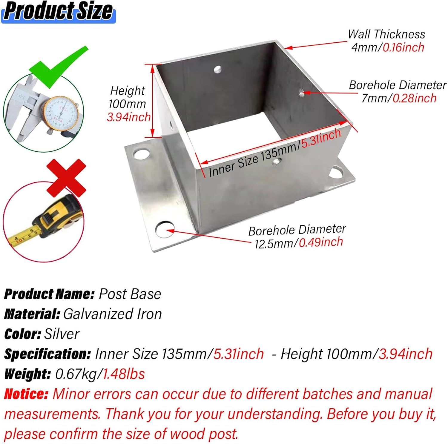 2 Pcs Heavy Duty Wood Fence Pergola Post Bracket Post Base, Sturdy Deck Post Base Support for Pavilion Deck Railing Support Deck Base Plate, Silver Post Anchor(135x100mm/5.3x3.9in)