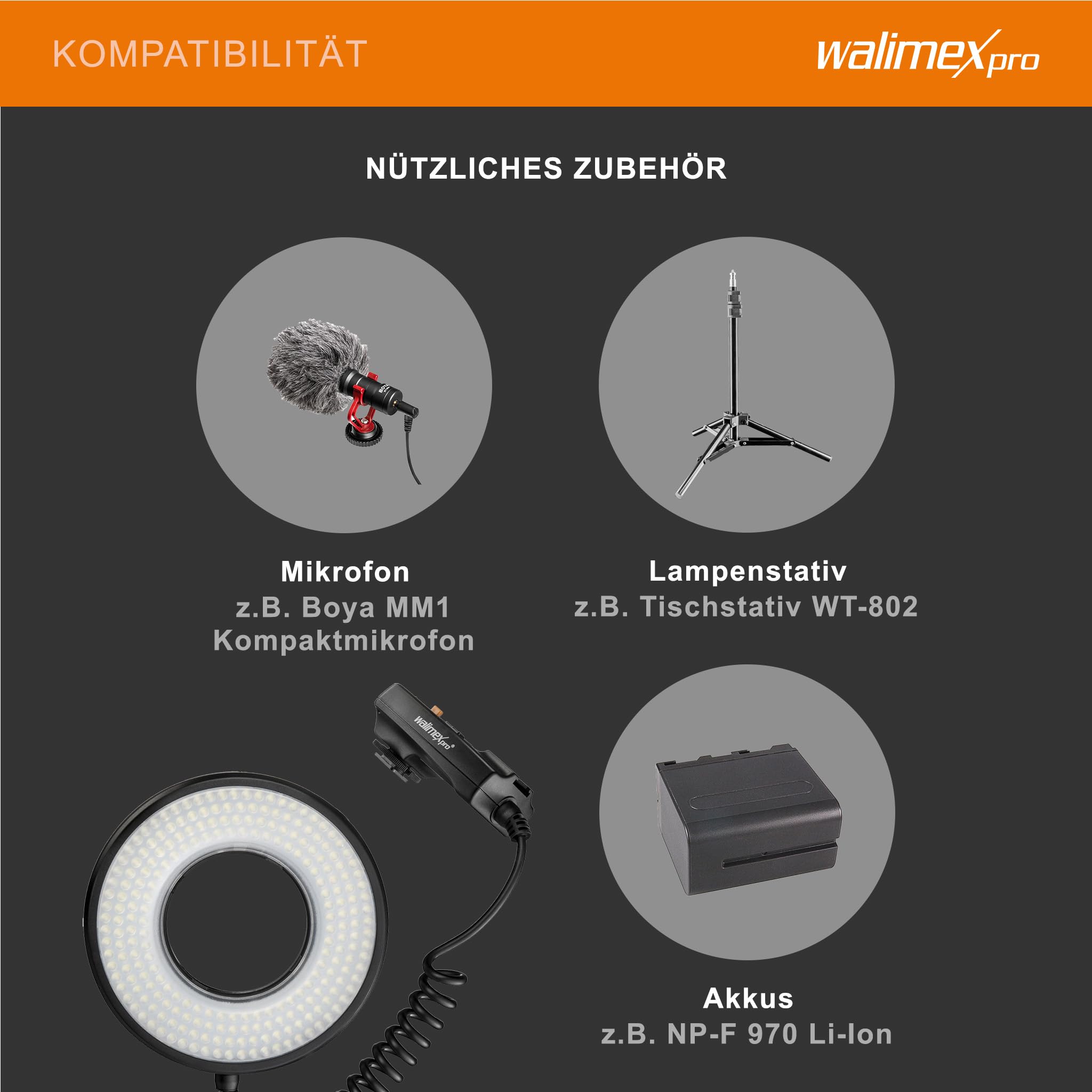 Walimex pro Macro LED Ringlicht DSR 232, Ringleuchte 14 W mit 232 LEDs, stufenlos dimmbares Videolicht