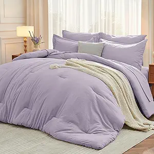 MUXHOMO 7 Pieces California King Comforter Set, Soft Bed in a Bag Cal King Size, All Season Bedding Set with Comforter, Flat Sheet, Fitted Sheet, Pillowcases & Shams, Lavender