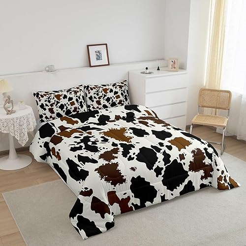 Miniatura 3 de Juego de edredón de piel de vaca, edredón de plumón con estampado de vaca, juegos de ropa de cama de teñido anudado negro y marrón para niños y